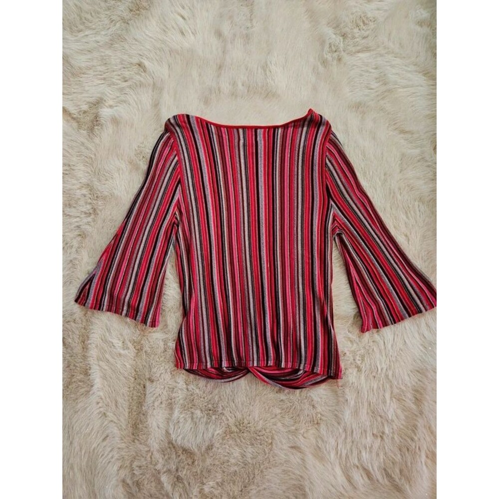 Ruby Rd. Striped Metallic Twist Front Top L | Retro Shimmer Bell Sleeve Blouse - Picture 6 of 6